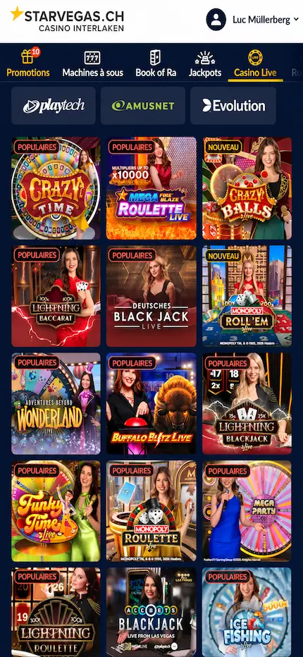Capture web de la sélection de jeux live de Starvegas.ch