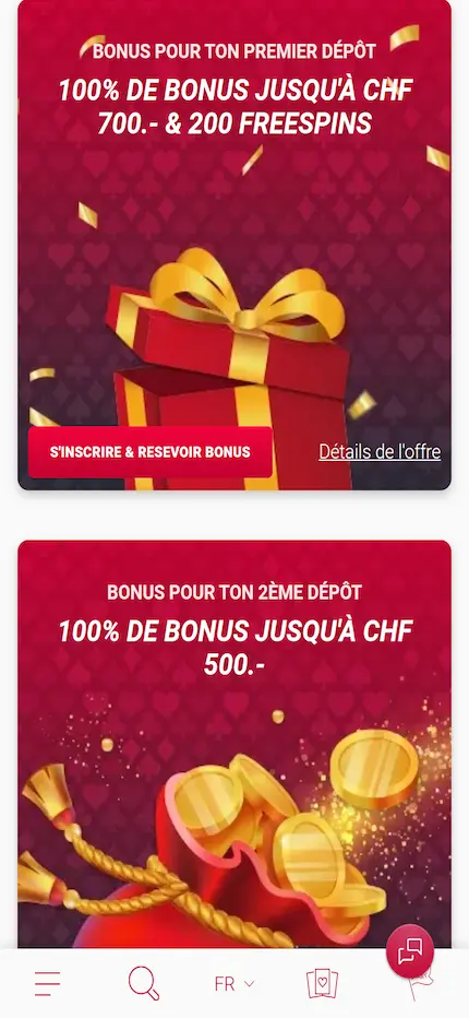 Capture web des différents palliers du bonus de bienvenue